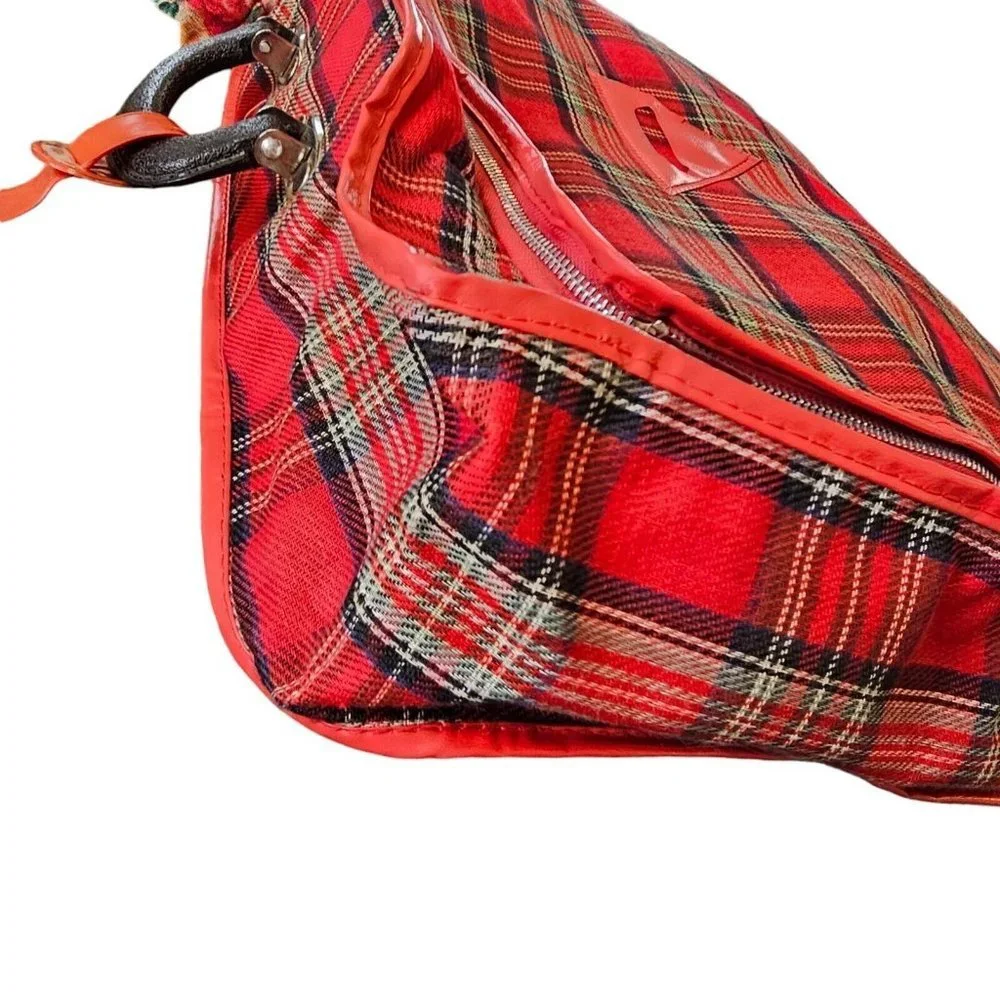 60s Retro Red Plaid Softshell Suitcase Carryon Luggage W Small Matching Bag 2 Pc